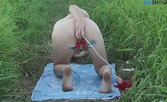 Outdoor Dildo Playground with Labia Clips and Spreading